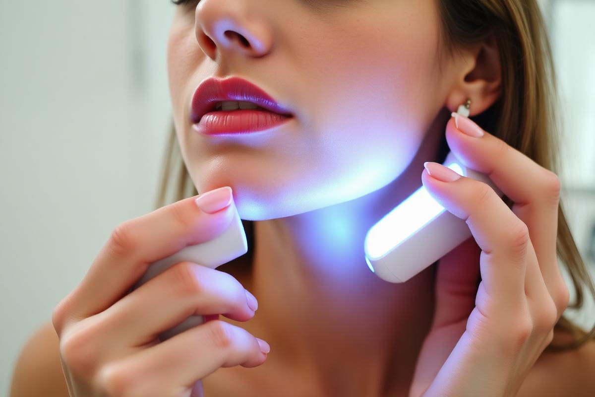 Woman using the sculpting device on her jawline